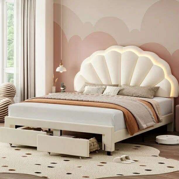 Full Size LED Bed Frame with Drawer, Velvet Upholstered Platform Bed with Adjustable Petal Headboard for Kid, Beige