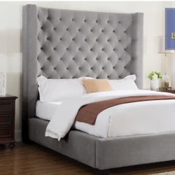 Grey King Size Bed - 6 Foot Tall Tufted Headboard