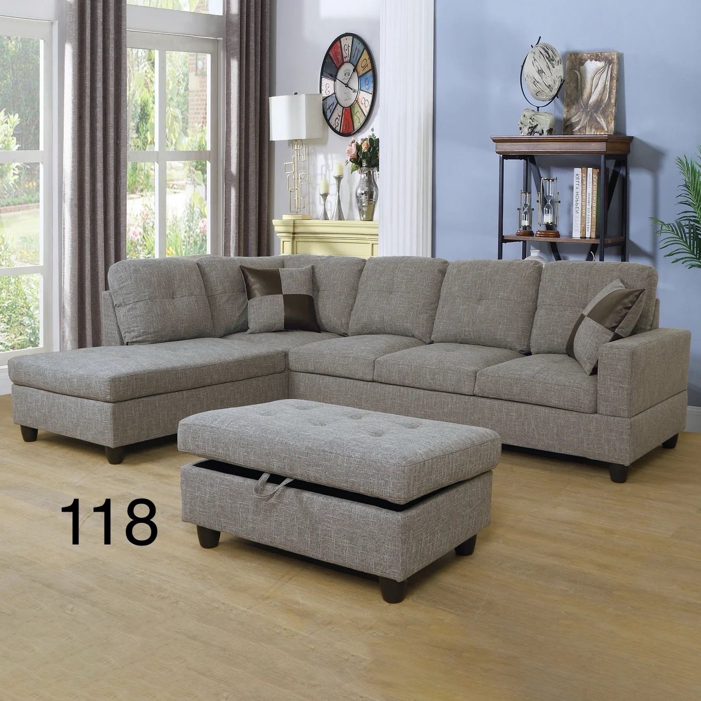 New Gray Linen Sectional Sofa And Ottoman