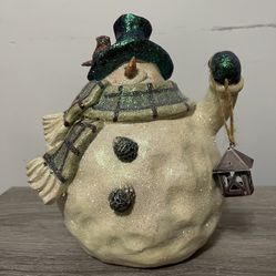 Holiday Glittered Snowman Holding Lantern & Bird Home Decor