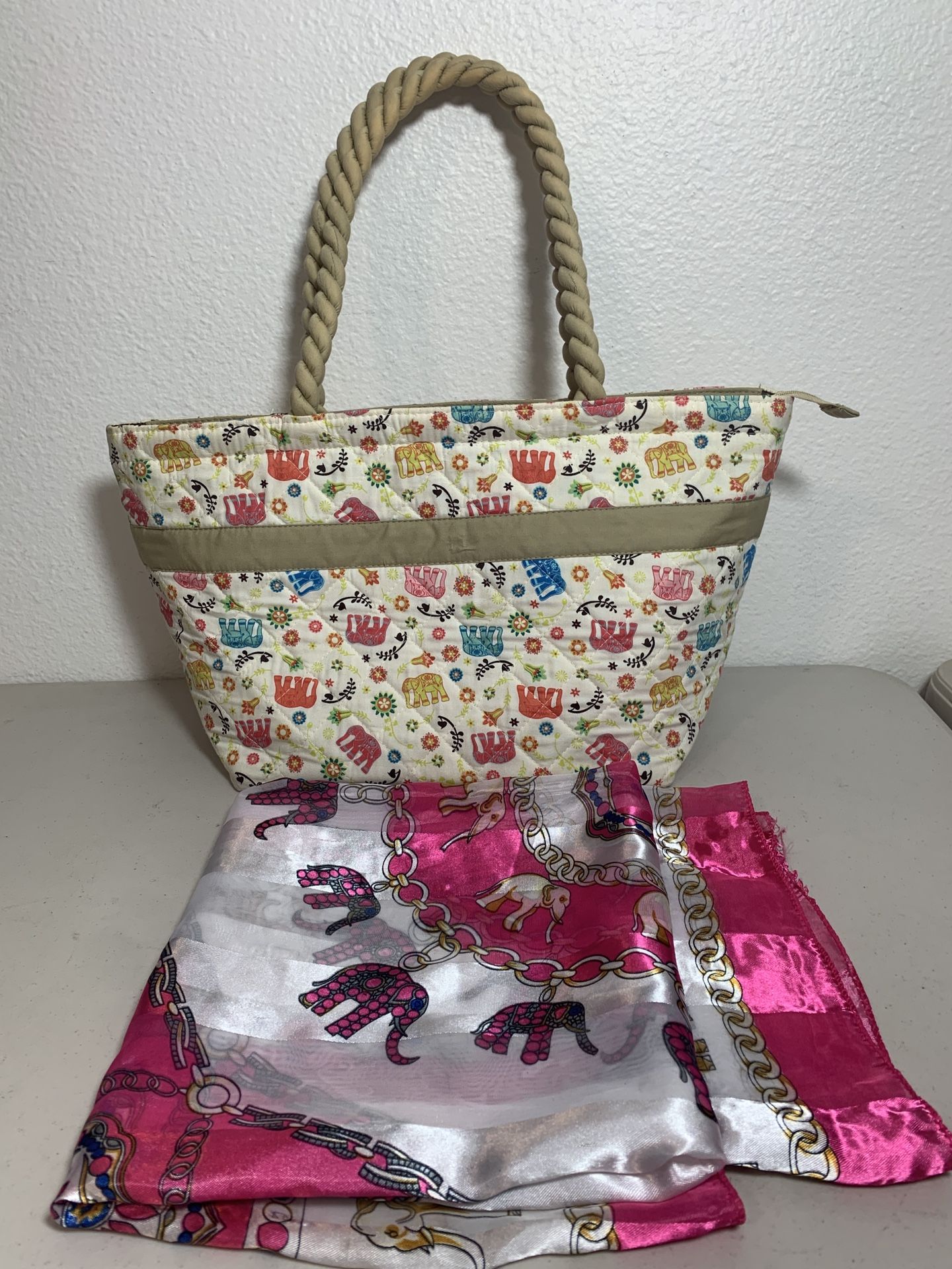 NaRaYa Elephants Fabric Handbag Shoulder bag Beige Rope Handle Purse Free Scarf