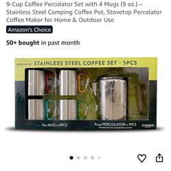9-Cup Coffee Percolator Set with 4 Mugs (9 oz.) – Stainless Steel Camping Coffee Pot, Stovetop Percolator Coffee Maker for Home & Outdoor Use