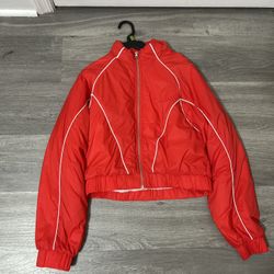 Red and white puffer jacket
