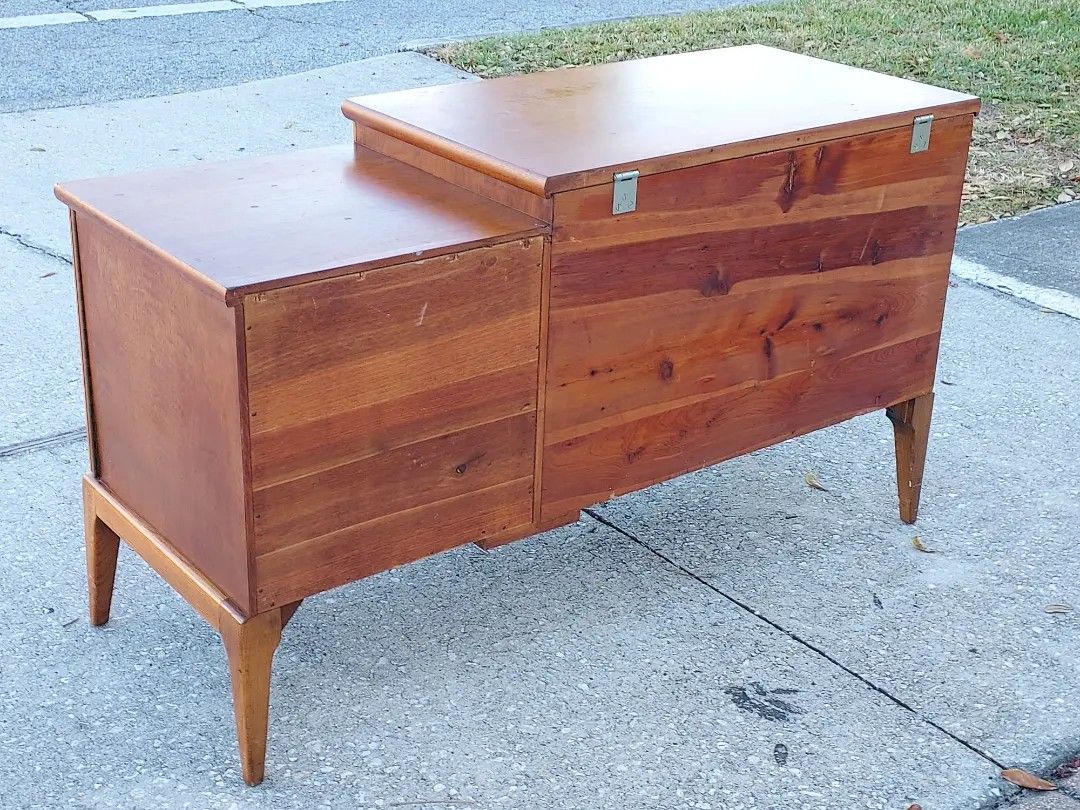 Mid Century Modern 2-Tier Walnut Cedar Chest With Record Storage