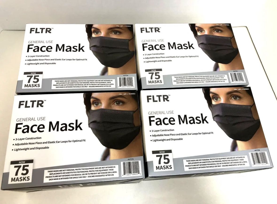 4 Boxes FLTR General Use Face Mask 300 Black Disposable Masks Total NIB