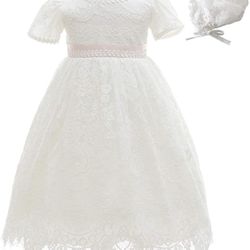 Baby Girls Lace Dress Christening Baptism Gowns Outfit with Bonnet
