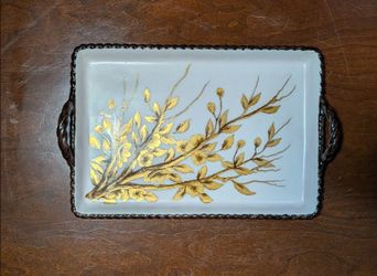 10.25" Vintage signed hand-painted gold gilt floral branch design tray