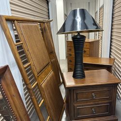 Entire Full Size Bedroom set with bed, dresser, nightstands, mirror, lamp and paintings. 
