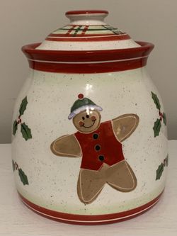 ENESCO 2003 JULIE UELAND PORCELAIN “ GINGERBREAD MAN “LIDDED COOKIE JAR