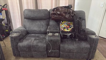 Grey Leather Reclining Loveseat with Console