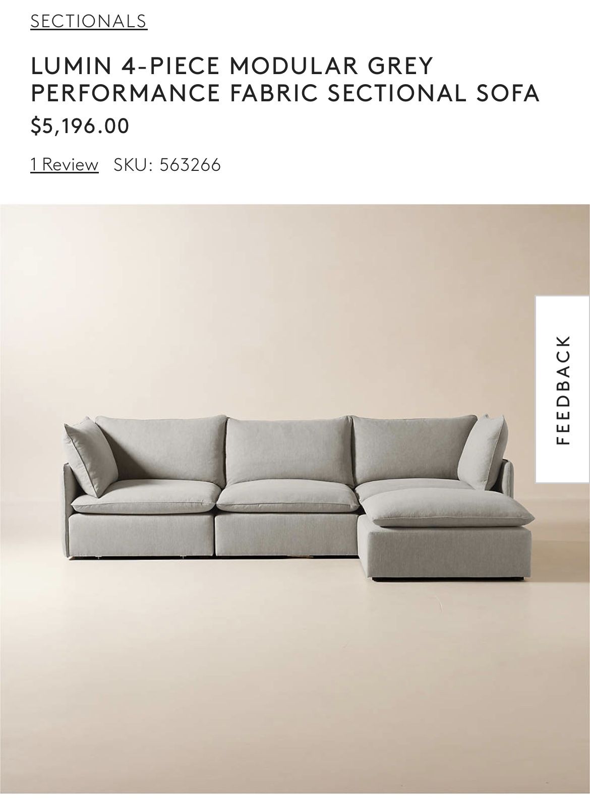 LUMIN 4-PIECE MODULAR GREY PERFORMANCE FABRIC SECTIONAL SOFA