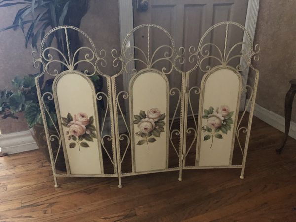 Victorian Fireplace Screen Metal Shabby White Wood Panels Painted