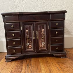 Jewelry Box Cherry Wood w/Etched Rose Armoire-Style Doors