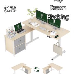 ✌️ FLEXISPOT Brown Top&black Frame 55" L-Shaped Standing Desk with Drawers and Shelves, Large Corner Stand Up Desk with Headphone Hooks for Home Offic