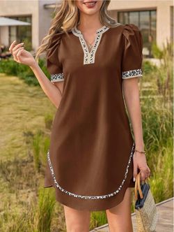 Small: Womens Puff Short Sleeve Mini Dress Casual V Neck Color Block Leopard Loose Beach Summer Dresses with Pockets