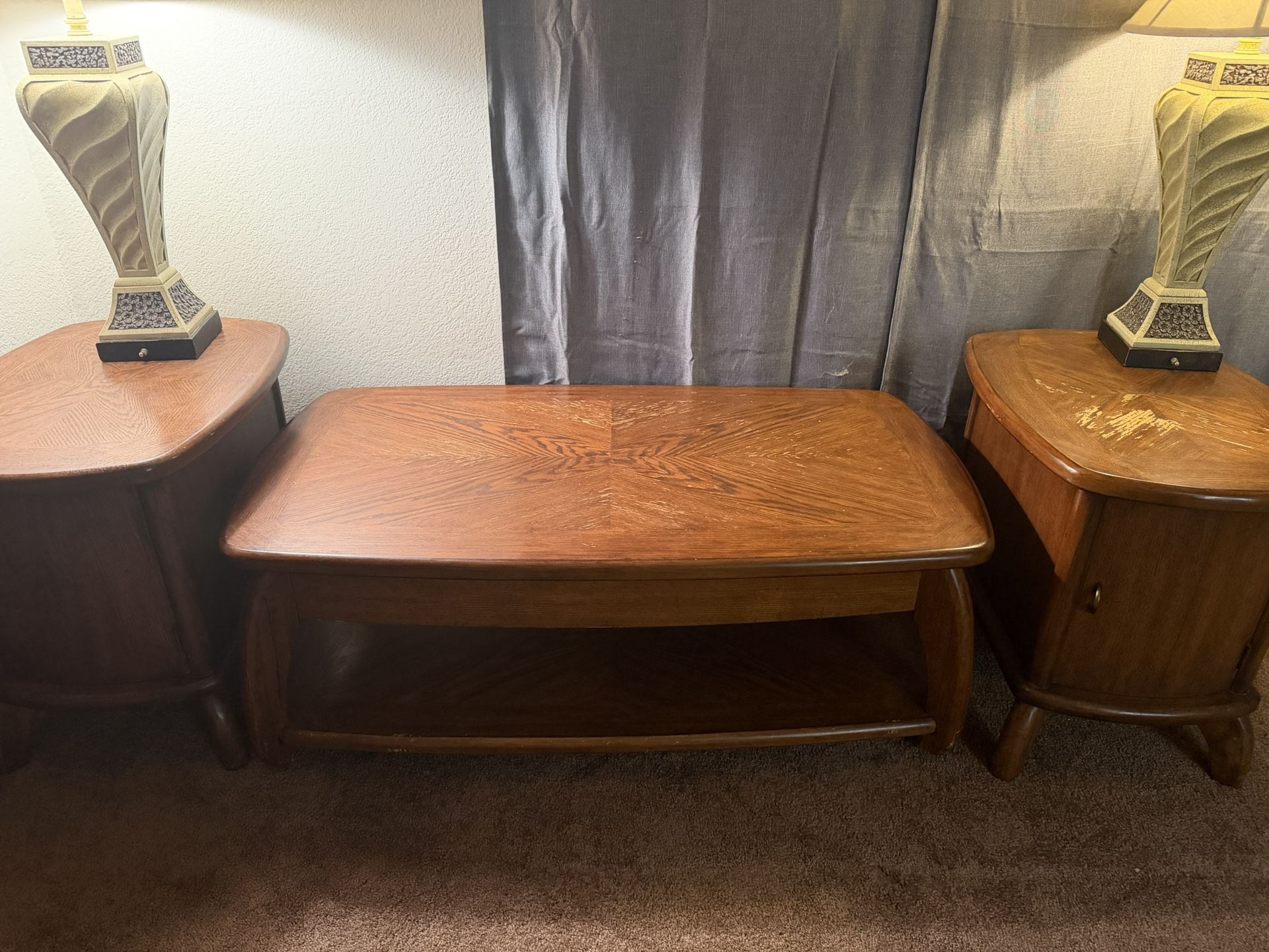 3pc Solid Wood Coffee Table And Two End Tables Storage