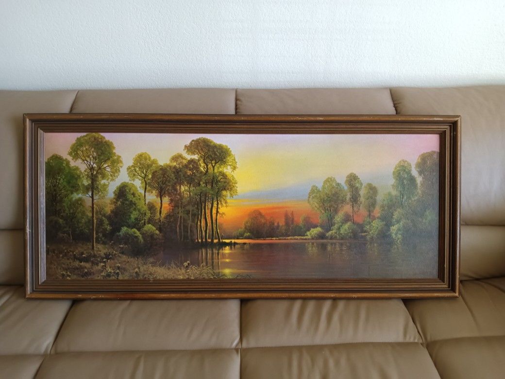 Beautiful Print Scene 43" x 18" Framed Lake Trees
