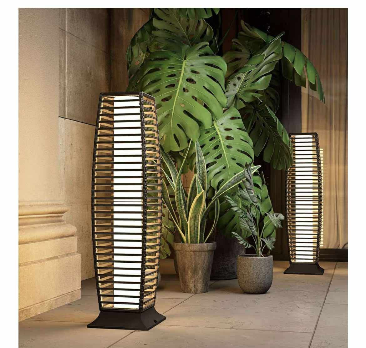 NEW - Grand patio 2-Piece Outdoor Floor Lamp Solar Powered Lantern Waterproof Wicker Boho Deck Lights for Garden Porch Decor, Large Crossover