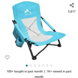 Low Beach Chair for Beach Tent & Shelter & Camping | Outdoor Ultralight Backpacking Folding Recliner Chairs with Cup Holder & Storage Bag, Carry Bag, 