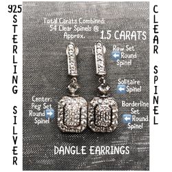 925 Sterling Silver 1.5 Carats Clear Spinel Dangle Earrings