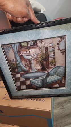 1 Framed Bathroom Art Print with Blue Mat