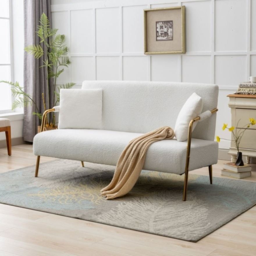 NEW White Modern 2 Seater Sofa Teddy Velvet Love Seat Couches with Metal Legs and Armrests and 2 Pillows