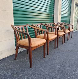 Vintage 1960s Mid Century Brown Saltman Walnut & Leather Dining Chairs Captains Chairs Danish Retro