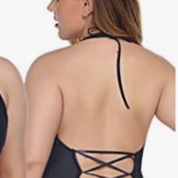 Plus Size Black Halter Neck Lace Babydoll One Piece Bodysuit