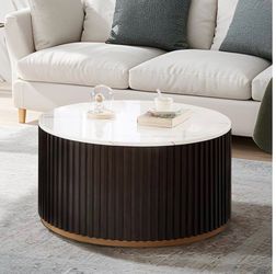 Round Wood Coffee Table with Marble Lid & Hidden Storage, Modern Circle Handcraft Drum Coffee Table for Living Room, No Need Assembly(Black Brown, 31x