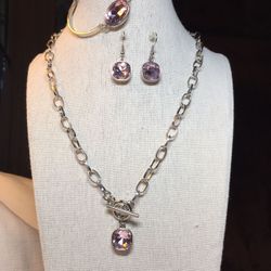 Pink Glass Stone Necklace,Earrings And Bracelet Set