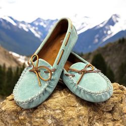 Lamo Slippers Womens 8 Moccasins Flats Slip On Blue Pig Suede Casual Tie Bow