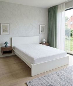 White Queen Platform Bed Frame with Headboard and mattress