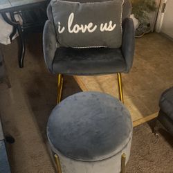 Grey Chair, Grey Stool With Storage Space And Grey Pillow that Says I Love You