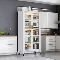 65"(H) White Mobile Kitchen Pantry Storage Cabinet w/ 2-Door Fluted Glass Display & Adjustable Shelves [NEW IN BOX] **Retails for $171 <Assembly Req>