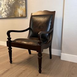 Hand-Carved Italian Leather Accent Chair w/ Nailhead Pins And Cane Backing