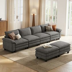 157" Cloud Modular Sectional Sofa for Living Room, U-Shaped Cloud Sofa Couch with Corduroy Fabric, 4 Seat Oversized Couch with 2 Movable Ottomans, Gre