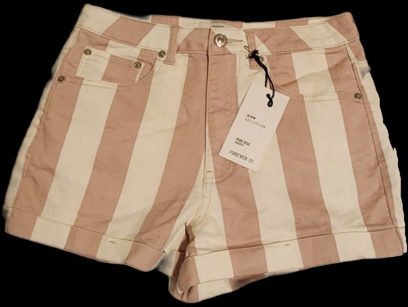 Forever 21 Women's High Rise Pink And White Jean Shorts - Size 28