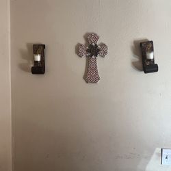 Brown And Orange Cross With Candle And Holders