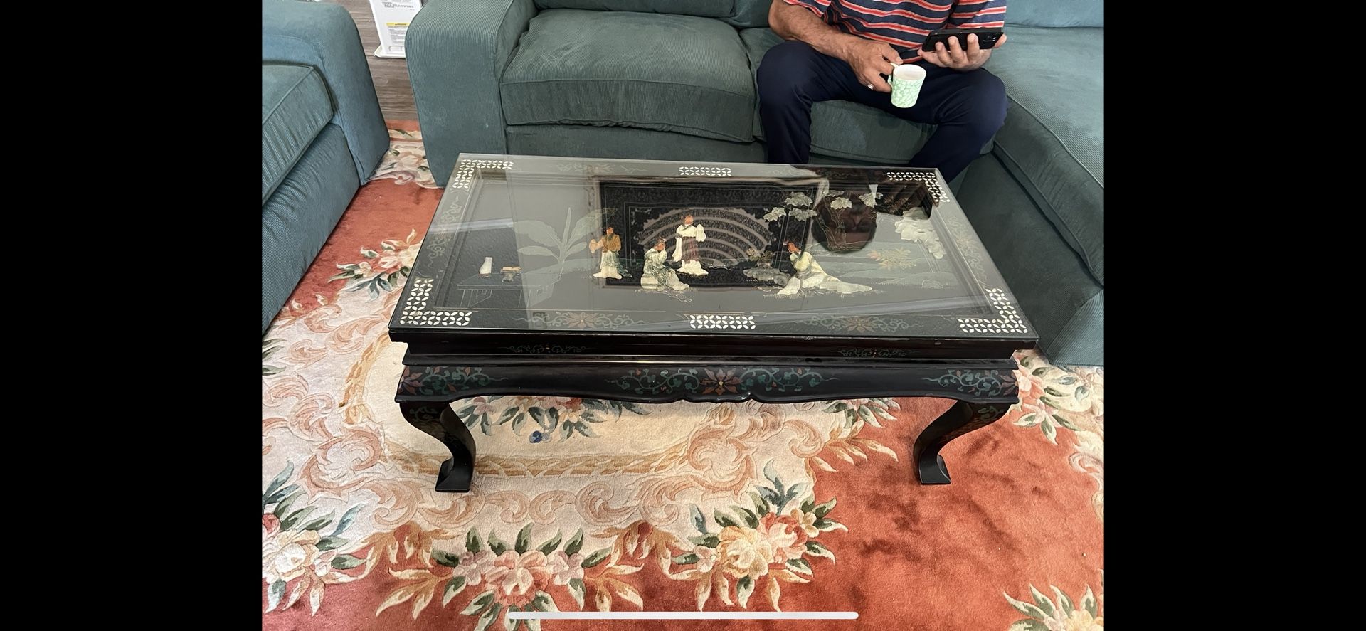 Asian Coffee Table Oyster Shell Black Top Glass