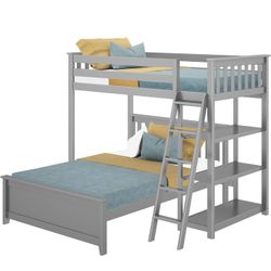 Max & Lily L Shape Twin over Full Bunk Bed with Bookcase, Grey
