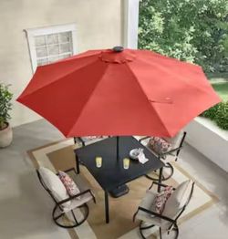 LED Hampton Bay 9 ft. Aluminum Market LED Solar Auto-Tilt Patio Umbrella in Chili Red