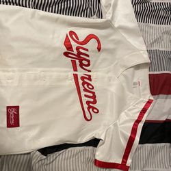 Supreme Satin Spell Out Baseball Jersey Men’s small White/ Red Open Front Shirt. black supreme Louis Vuitton shirt with tag. Located in Allen tx. OBO 