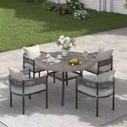 5-Piece Metal Outdoor Dining Set with 47.2'' Gray Wood-Like Round Table and 4 Gray Woven Rope Chairs with White Cushions