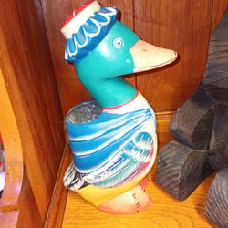 Light Weight Wooden Duck Hand Painted Carved Small Plant Or Candle Holder