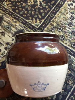 # 3 USA blue label stoneware antique bean pot