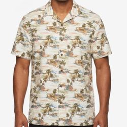 Lee XXL Tropical Palm Tree Print Shirt - Cream Coastal Grandma Camp Collar