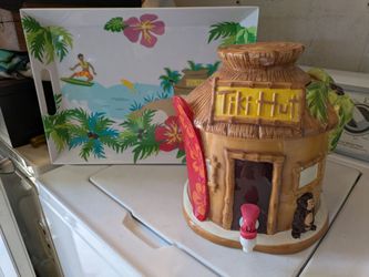 Tiki Hut 2 Gallon Beverage Dispenser & Large Matching Tray"Monkey Surf board Palm Design" 4th of July Parties