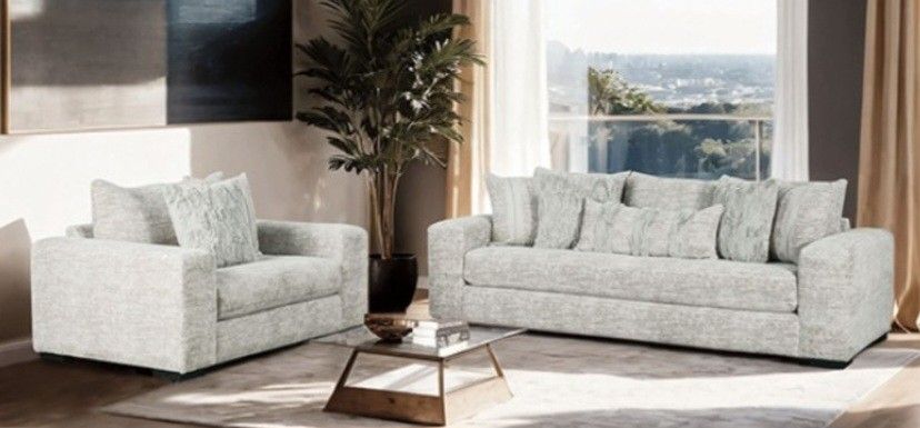 Brand New Grey Super Plush Chenille Sofa & Chair (Pillows Included)