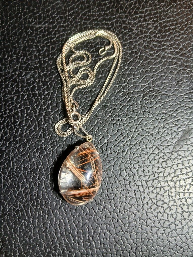 Red Rutilated Phantom Quartz Silver Pendant With 24" Silver Box Chain