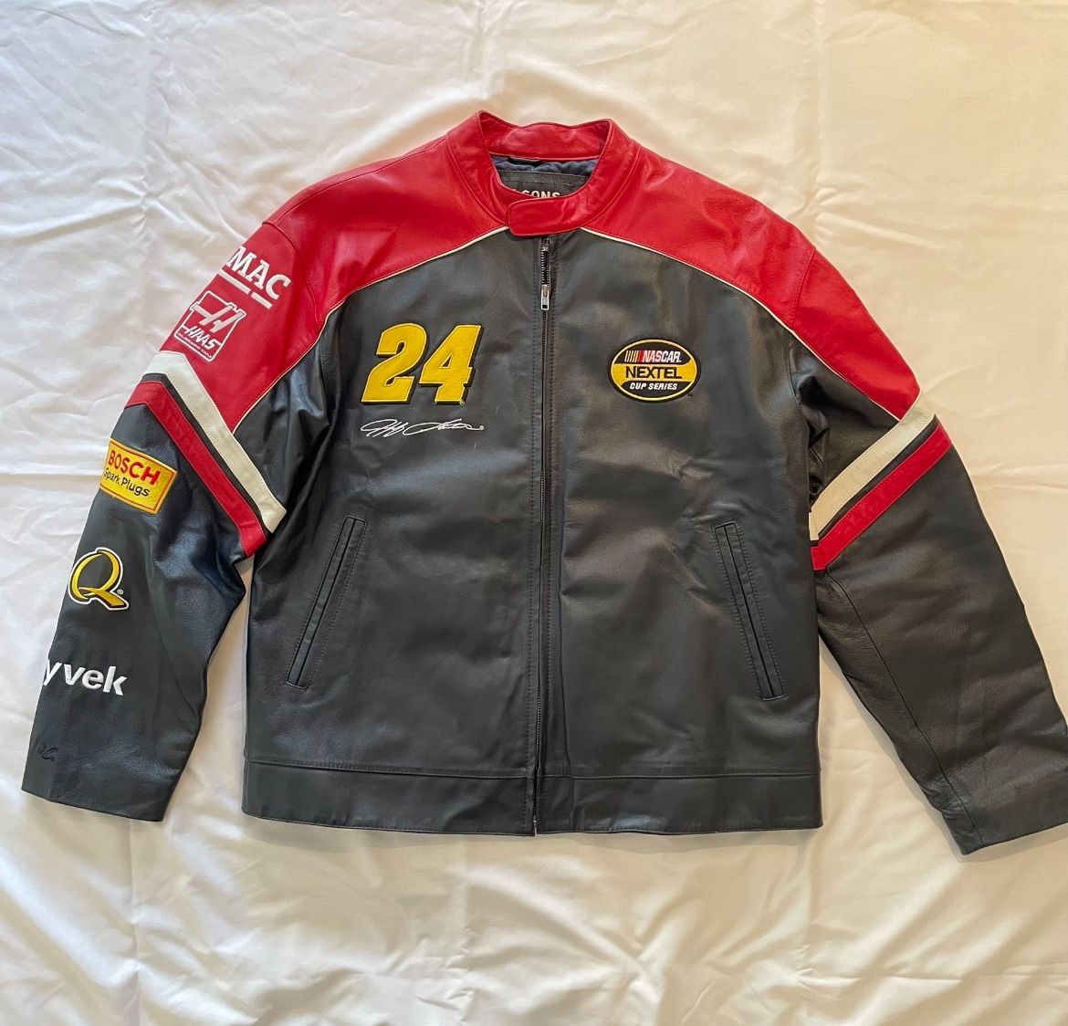 Vintage NASCAR ‘24’ Jeff Gordon Leather Jacket - Men’s Medium, Navy/Red.